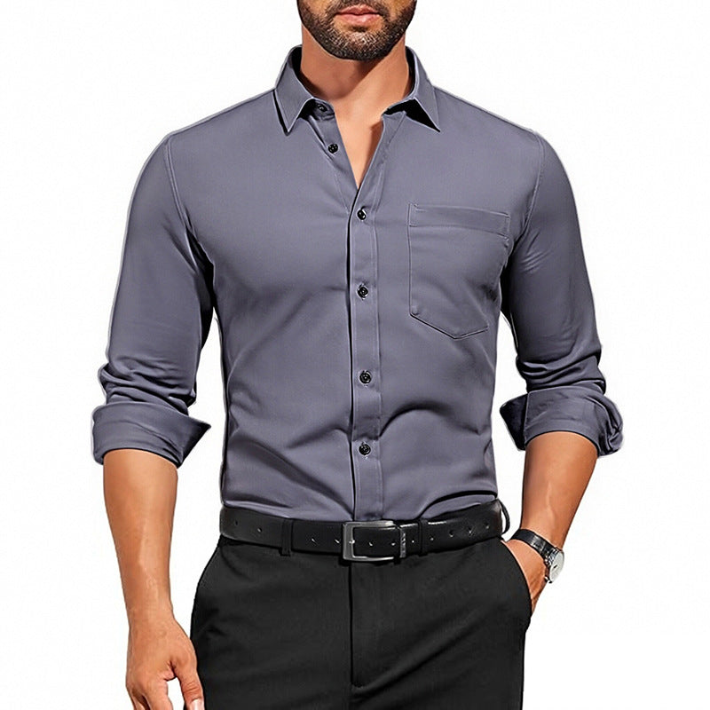 Men's Wrinkle-Resistant Dress Shirt - Breathable Stretch Solid Color Long Sleeve Regular Fit