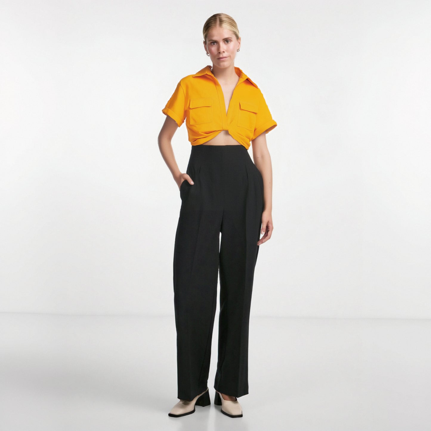 Chic Vintage Cropped Blouse with Front Knot, Elastic Linen, Short Sleeve, and Patch Pockets - Neon North Clothing