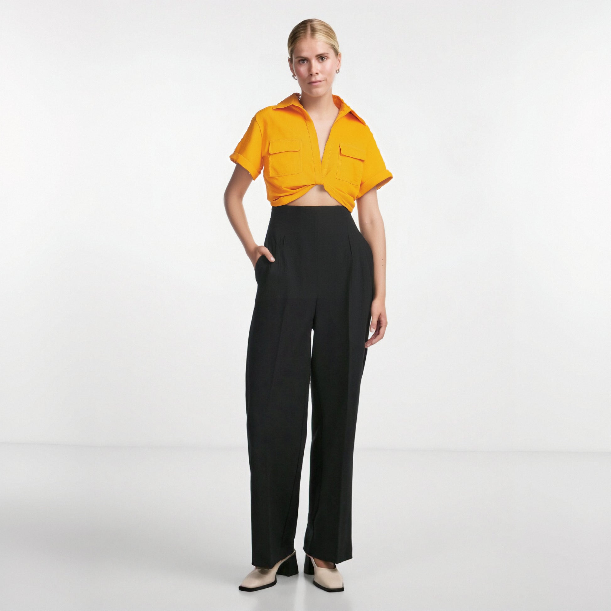 Chic Vintage Cropped Blouse with Front Knot, Elastic Linen, Short Sleeve, and Patch Pockets - Neon North Clothing