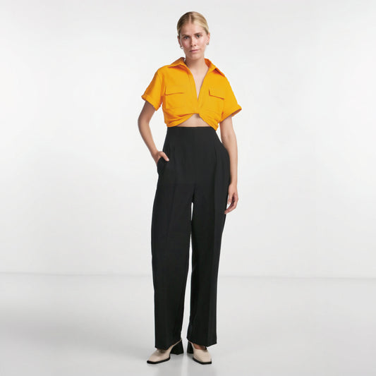 Chic Vintage Cropped Blouse with Front Knot, Elastic Linen, Short Sleeve, and Patch Pockets - Neon North Clothing