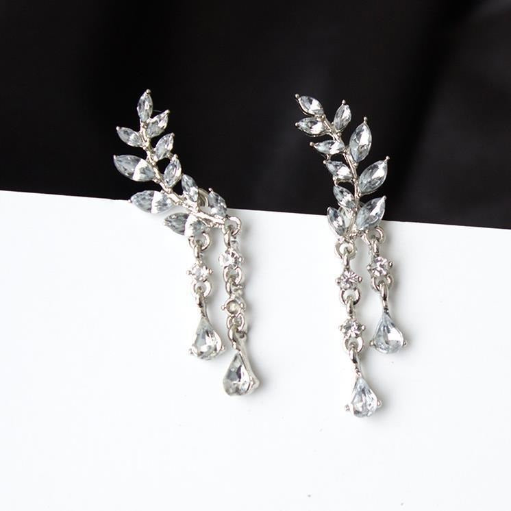 New Sweet Sparkling Diamond Pop Leaf Leaf Tassel Crystal Droplet Earrings - Neon North Clothing