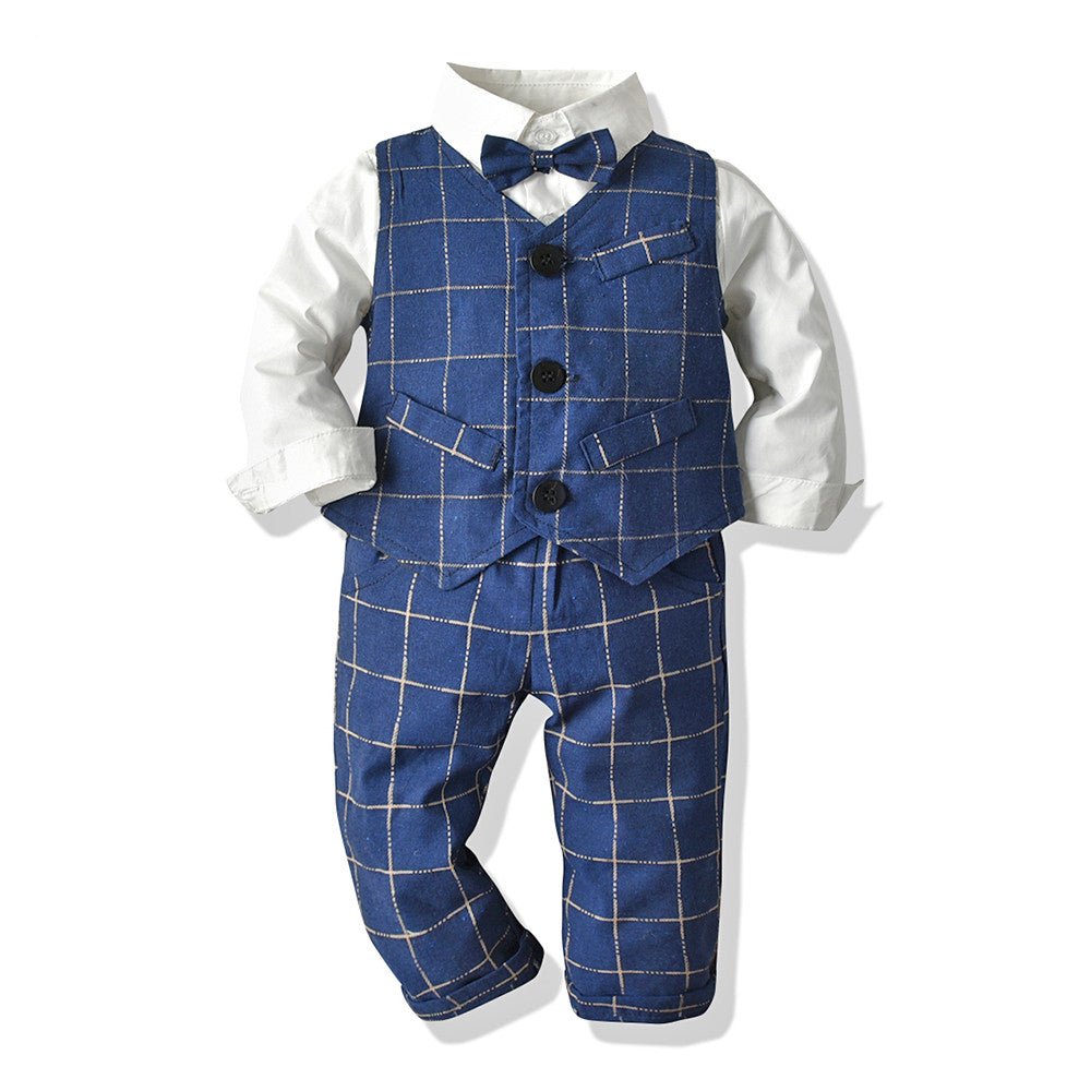 Baby Boy Suit Three-Piece with White Shirt, Striped Vest, and Pants for Spring and Autumn