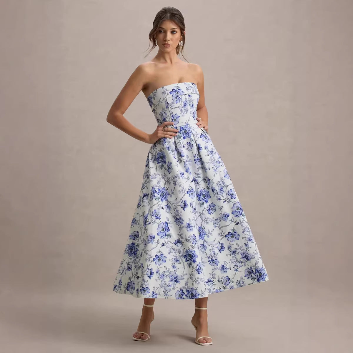 Elegant Floral Off-Shoulder Dress with Waist-Cinched Design - Neon North Clothing