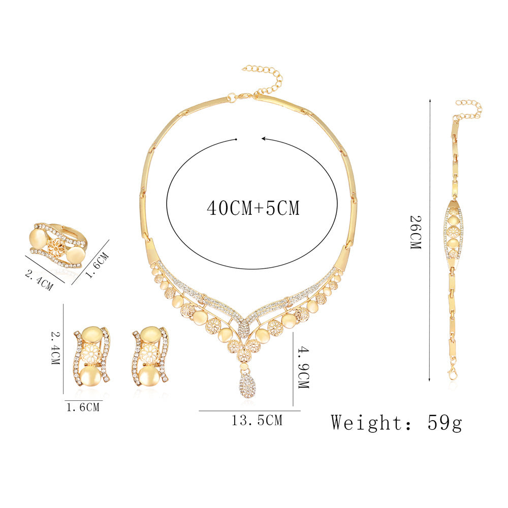 Women's Gold Jewelry Set with Necklace, Earrings, Bracelet, and Ring