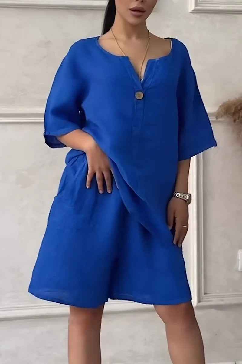 Cotton-linen Shirt Set with Shorts for Women - High-waisted Loose Style