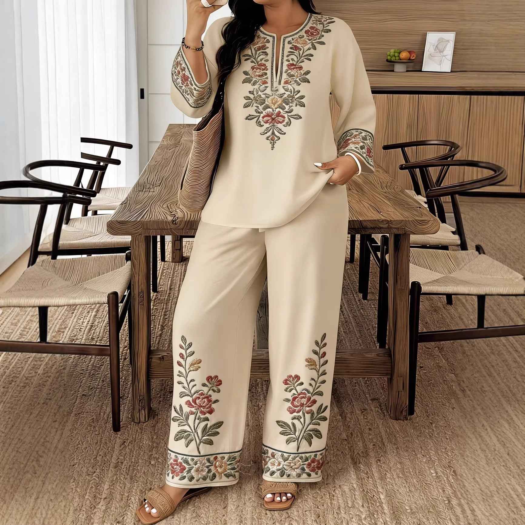 Middle Eastern Lace Floral Set - Elegant Long-sleeve Ethnic-style Fashion