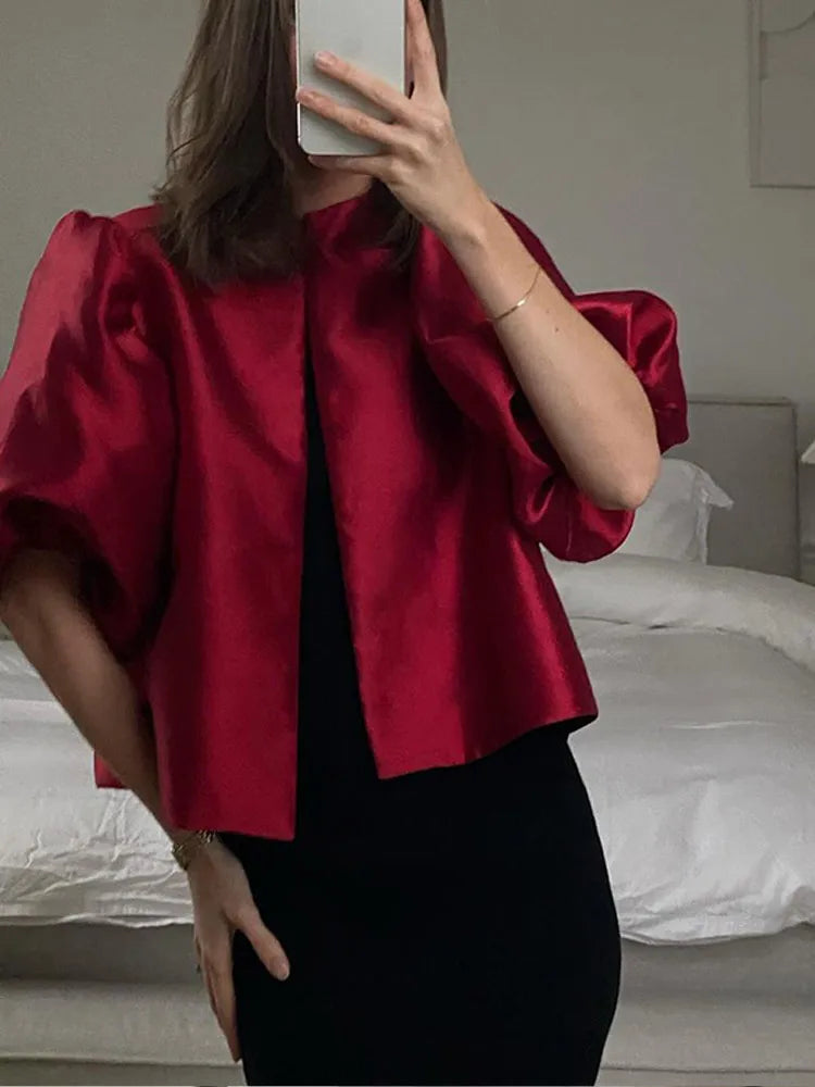Solid Satin With Pouf Balloon Sleeve Blouse - Neon North Clothing