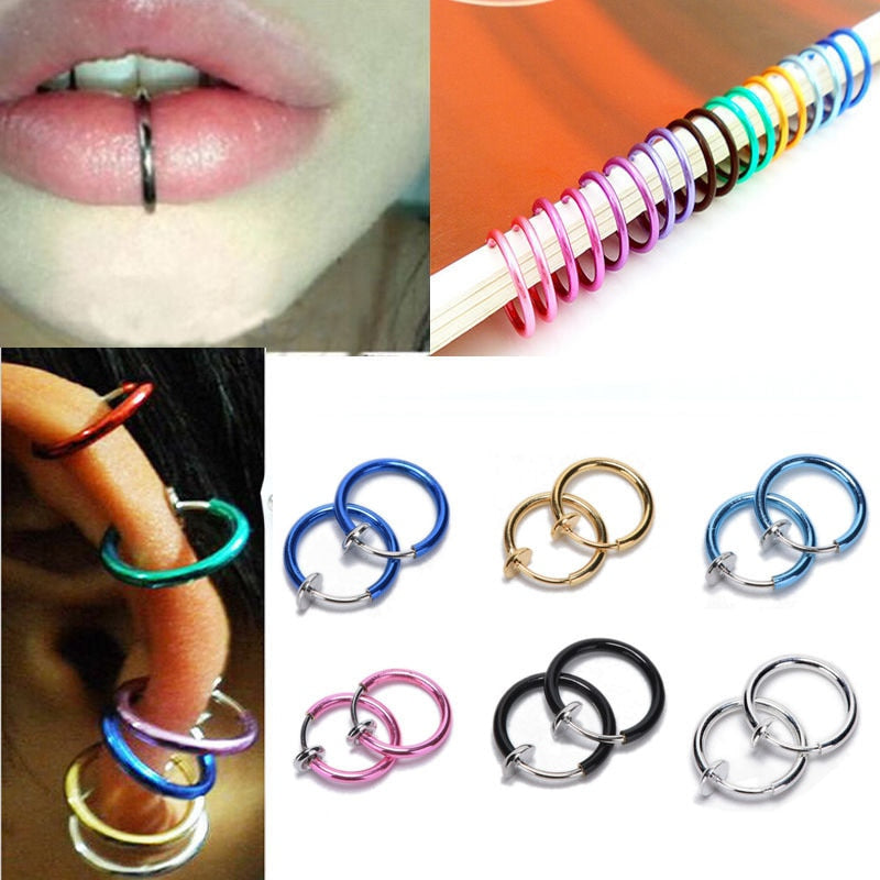 1 Pair 13mm Punk Goth False Hoop Earrings Septum Clip on Boby Nose Lip Ear Fake Piercing Rings Stud - Neon North Clothing