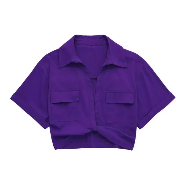 Chic Vintage Cropped Blouse with Front Knot, Elastic Linen, Short Sleeve, and Patch Pockets - Neon North Clothing