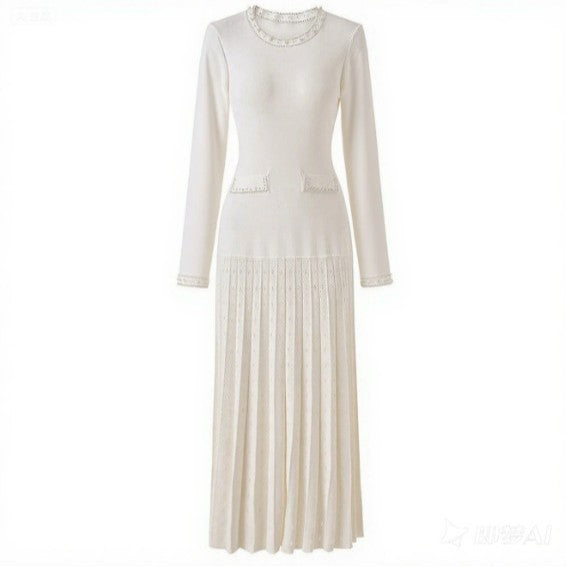 Elegant Long Sleeve Pearl Embellished Pleated Dress - Neon North Clothing