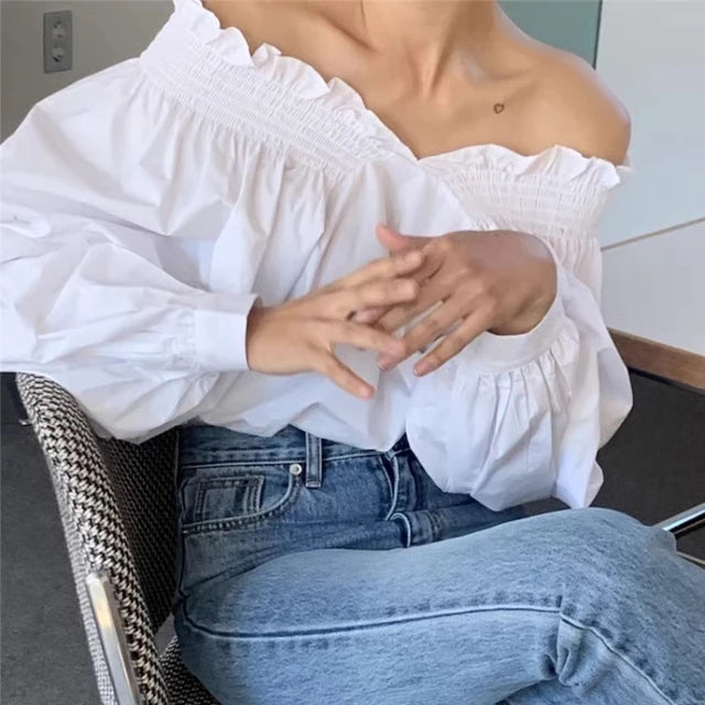 Off Shoulder Blouse with Lantern Sleeves for Effortless Style - Neon North Clothing