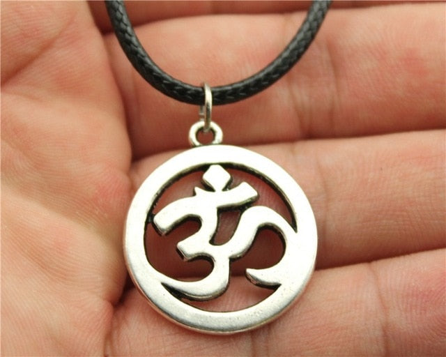 Antique OM Pendant Leather Chain Necklace - Neon North Clothing