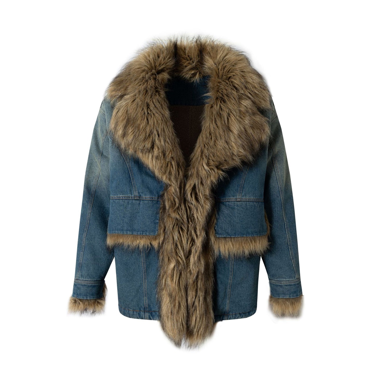 Washed Denim Warm Trucker Jacket with Fur Collar - Neon North Clothing