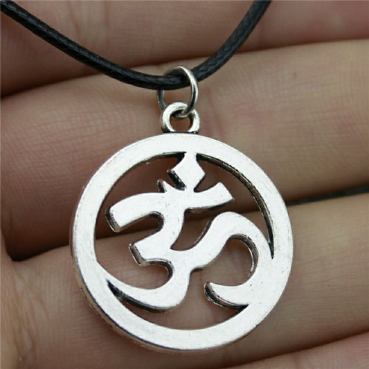 Antique OM Pendant Leather Chain Necklace - Neon North Clothing