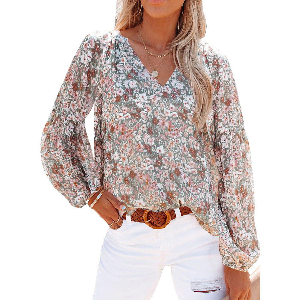 Lantern Sleeve Floral Chiffon Shirt for Women