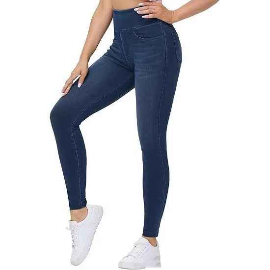 High-waisted Denim Pants with Two Pockets - Faux Denim Style