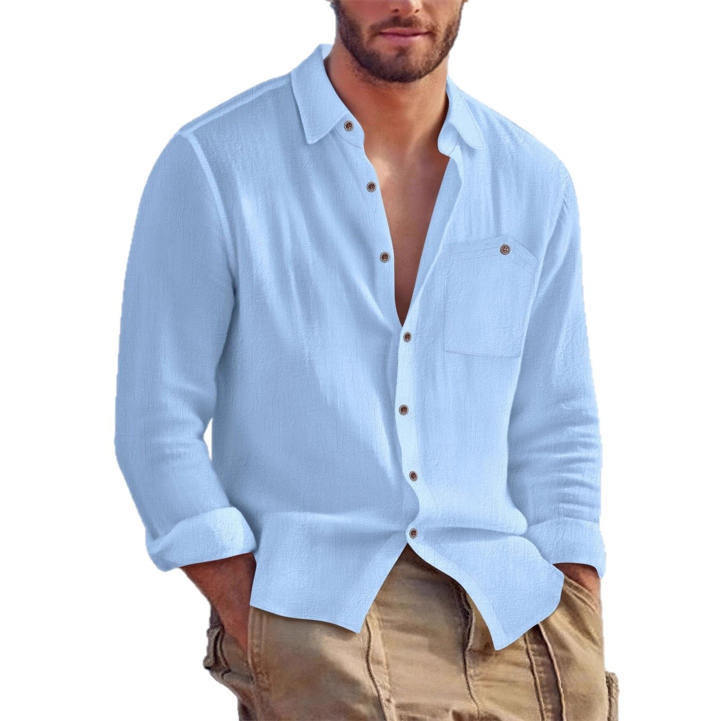 Mens Linen Cardigan Shirt - Solid Color Lapel Loose Fit for Effortless Style