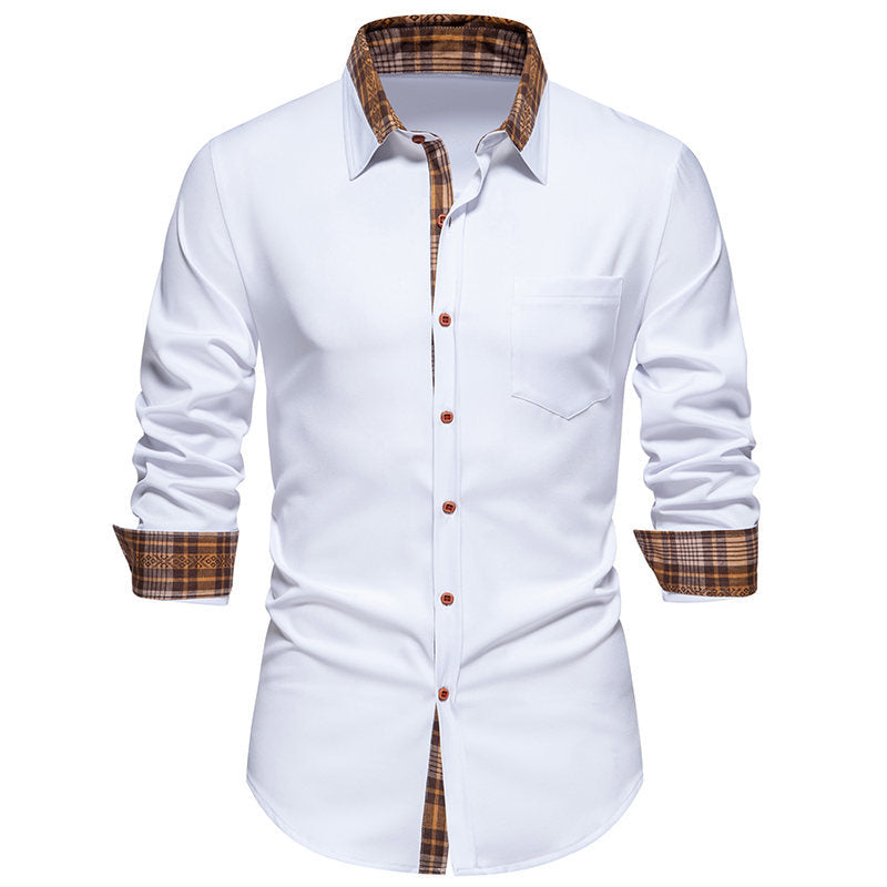 Plaid Contrast Collar Men's Shirt - Slim Fit Long Sleeve