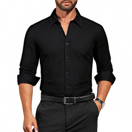 Men's Wrinkle-Resistant Dress Shirt - Breathable Stretch Solid Color Long Sleeve Regular Fit