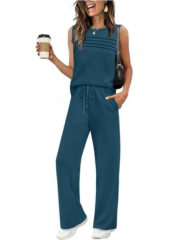Womens Pleated Vest Top Set - Stylish Two-Piece Outfit for Effortless Chic