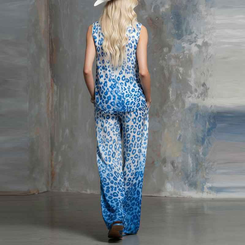 Loose-fit Leopard-print Two-piece Set: Sleeveless Shirt and Trousers