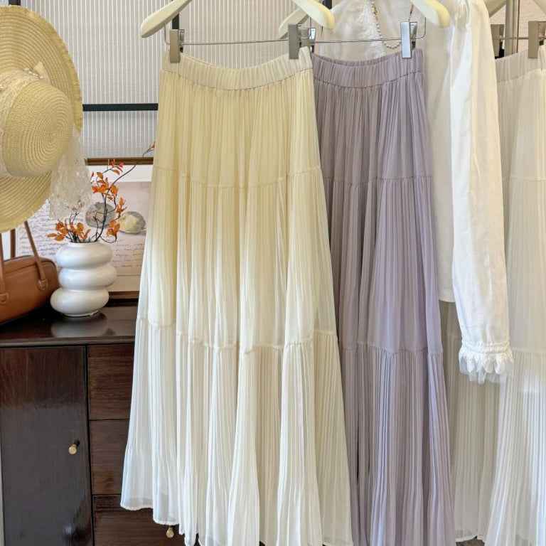 Womens Retro High-Waist Skirt - Elegant Solid-Colored Pleated French-Style Design