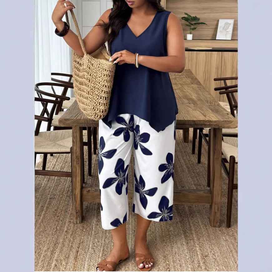 Women's Printed Cropped Pants Set for Casual Elegance