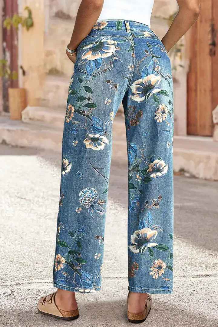 High Waist Floral Jeans - Vintage Floral Print Straight Leg Denim Pants