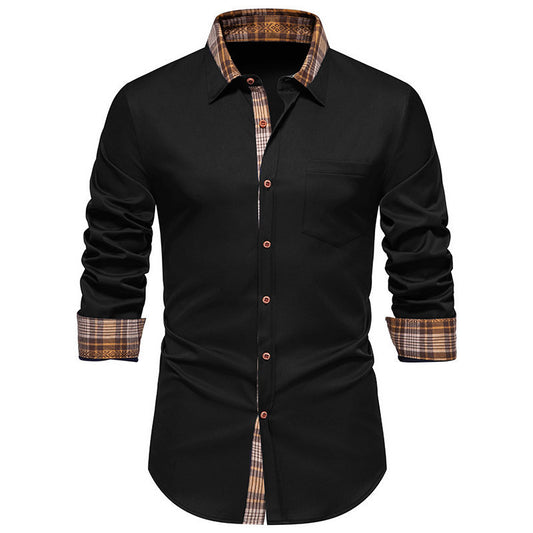 Plaid Contrast Collar Men's Shirt - Slim Fit Long Sleeve