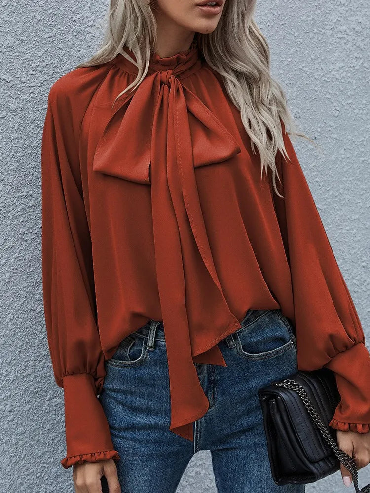 High Collar Bow Tie Long Sleeve Casual Loose Versatile Round Neck Top - Neon North Clothing
