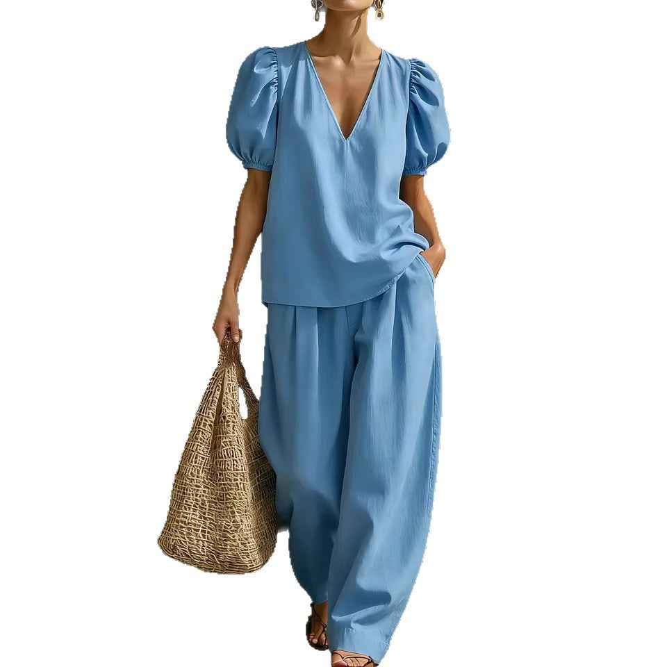 V-Neck Casual Womens Set - Stylish Short-Sleeve Fashionable Outfit
