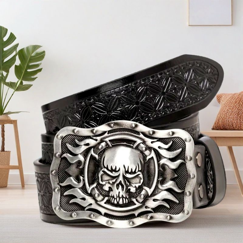 Mens Leather Belt with Alloy Buckle - Vintage Embossed Design - Neon North Clothing