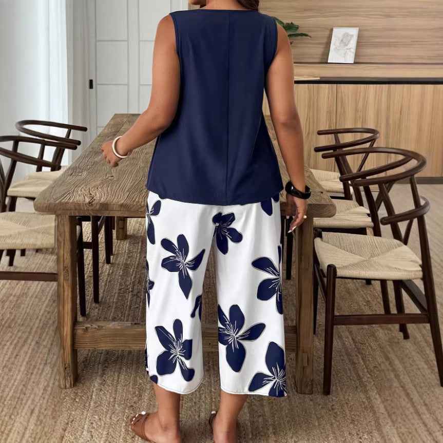 Women's Printed Cropped Pants Set for Casual Elegance