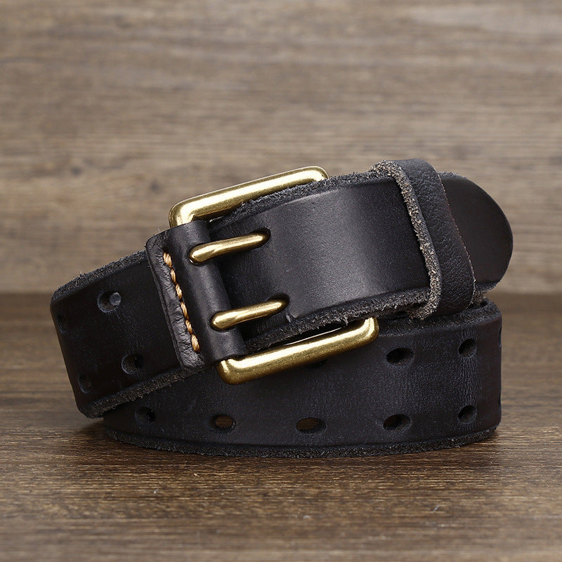 Men's Retro Cowhide Belt - Casual Free Pin Punch First Layer Leather in Wine Red - Neon North Clothing