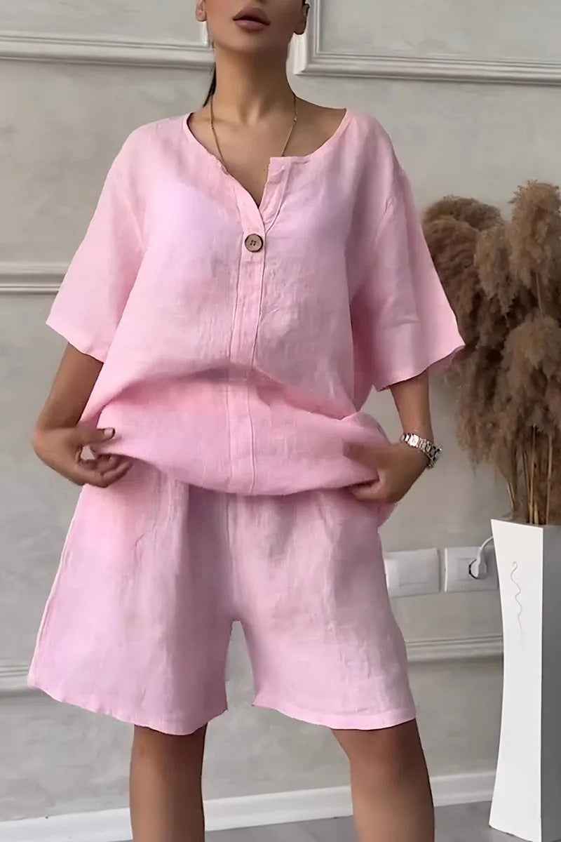 Cotton-linen Shirt Set with Shorts for Women - High-waisted Loose Style