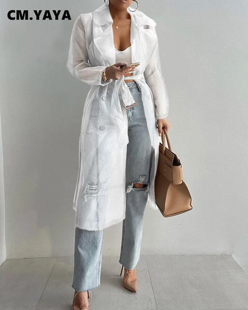 See Through Sunscreen Trench Top Long Sleeve Double Breasted with Belt for Summer - Neon North Clothing