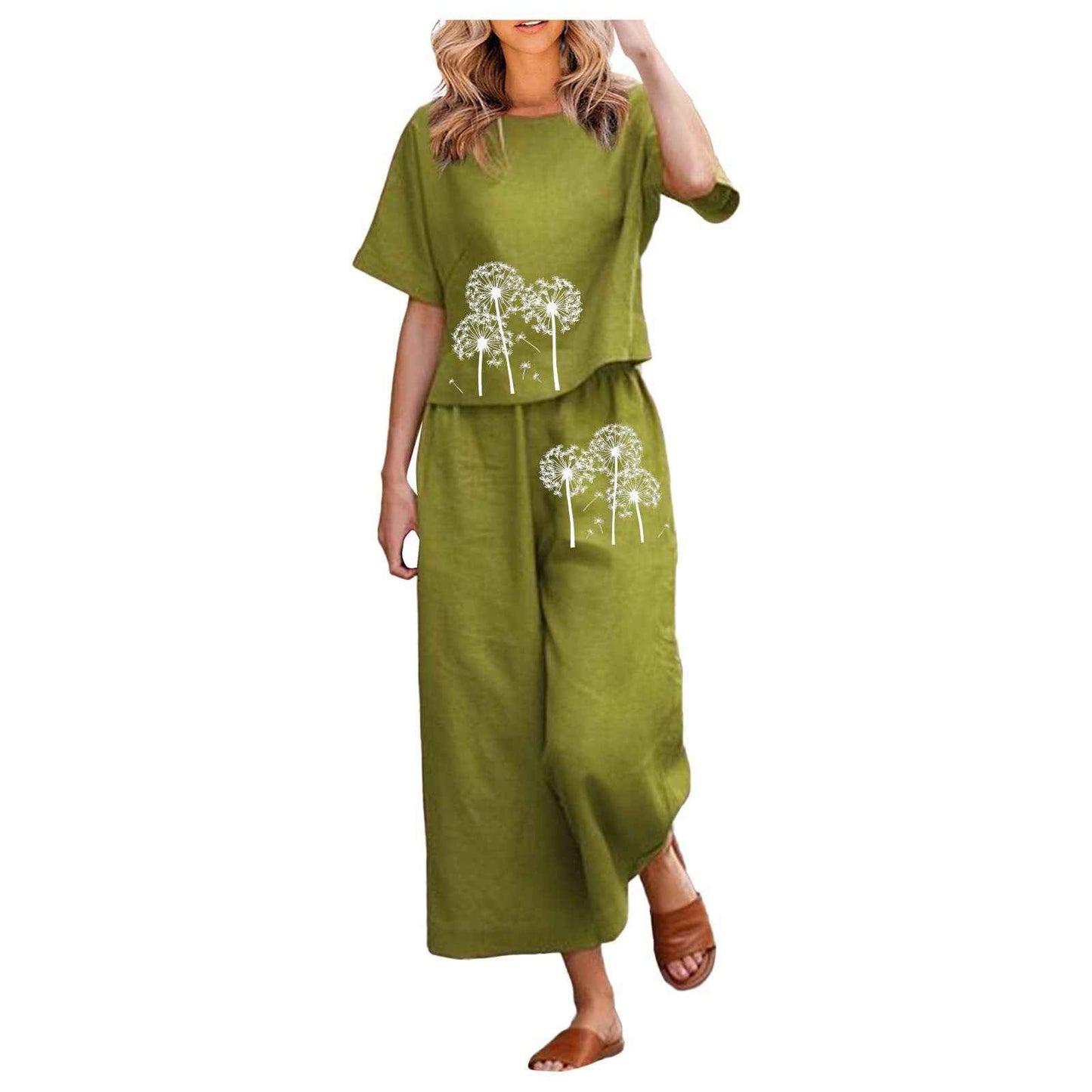 New Solid-color Short-sleeve Set With Heat-transfer Print, Two-piece Set