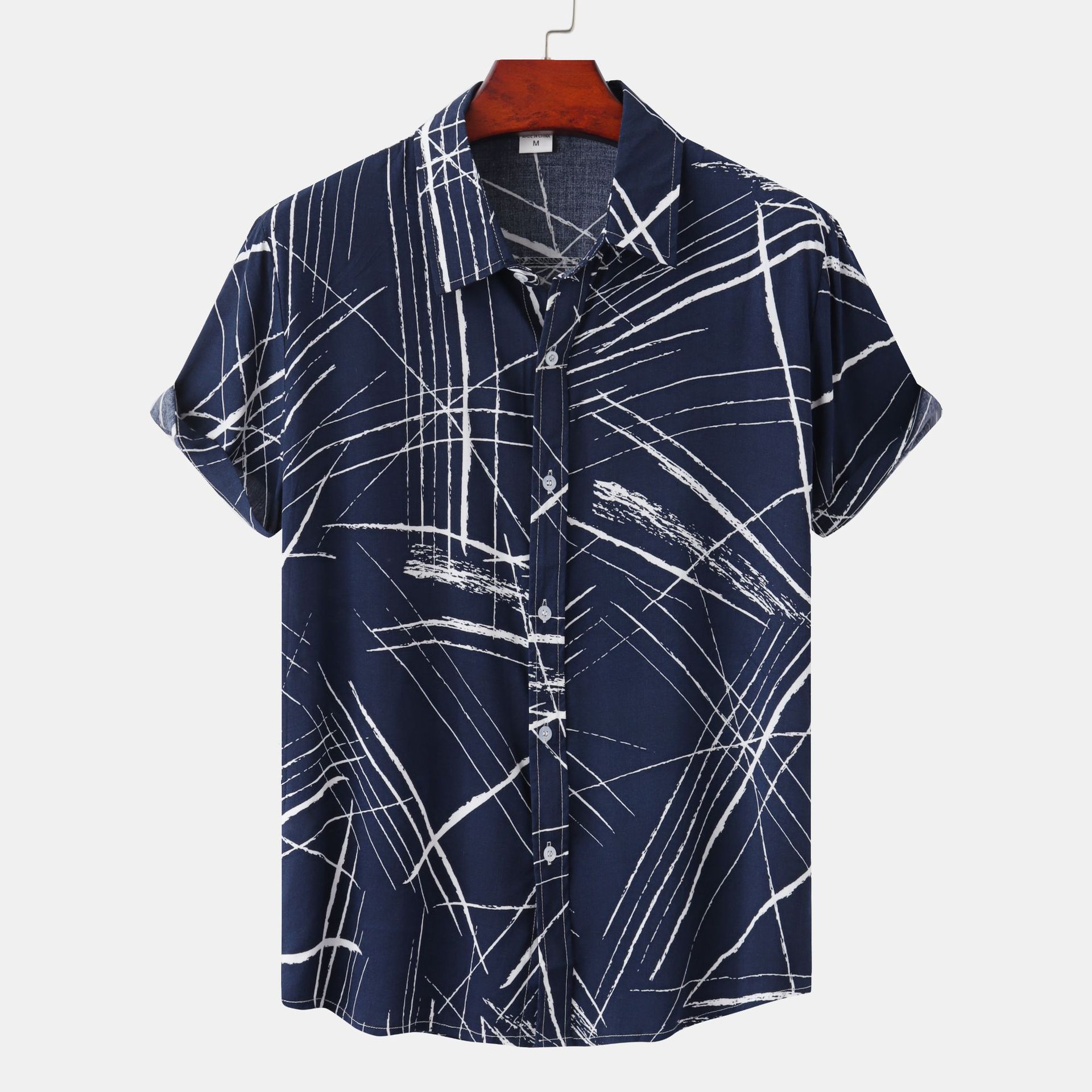 Men's Blue Striped Shirt with Short Sleeves and Lapel Design - Neon North Clothing