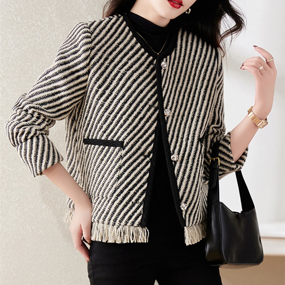 Striped Round Neck Long Sleeve Patchwork Tassels Hem Coat - Neon North Clothing