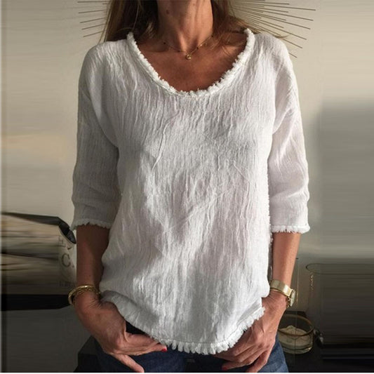 Round Neck Cotton Tassel Top with Three-Quarter Sleeves
