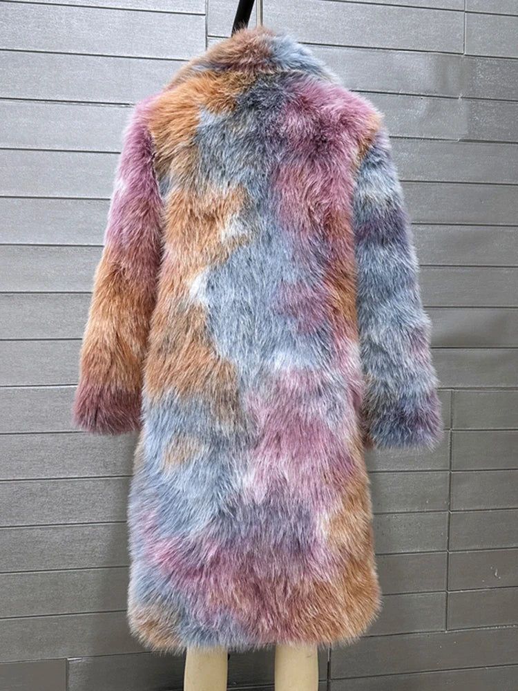 Multi Color Luxury Lapel Faux Fox Fur Long Coat - Neon North Clothing
