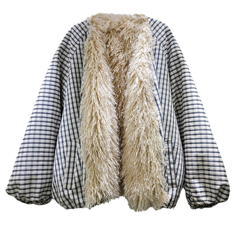 Fur Collar Padded Coat with Stripe Contrast Color Cotton-Padded Design - Neon North Clothing