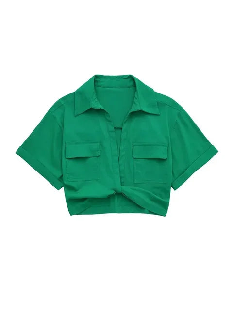 Chic Vintage Cropped Blouse with Front Knot, Elastic Linen, Short Sleeve, and Patch Pockets - Neon North Clothing