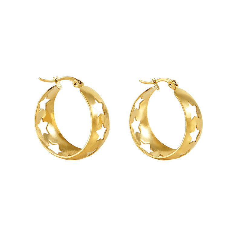 Stainless Steel Gold-Star Earrings with 18K Gold Retro Hollow-Out Design