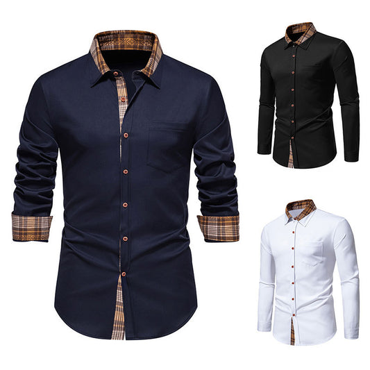 Plaid Contrast Collar Men's Shirt - Slim Fit Long Sleeve