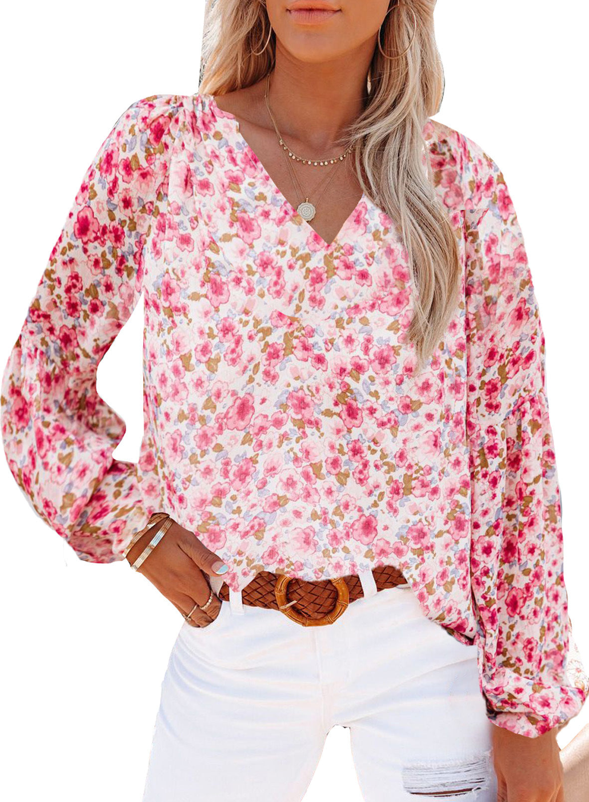 Lantern Sleeve Floral Chiffon Shirt for Women