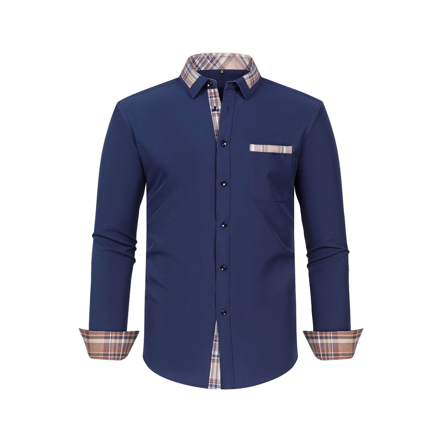 Mens Long Sleeve Shirt Patchwork Collar with Plaid Design for Stylish Comfort