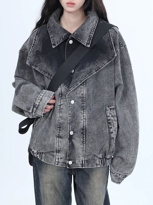 Women Denim Double-layer Collar Long Sleeves Single Breasted Washed Retro Jacket - Neon North Clothing