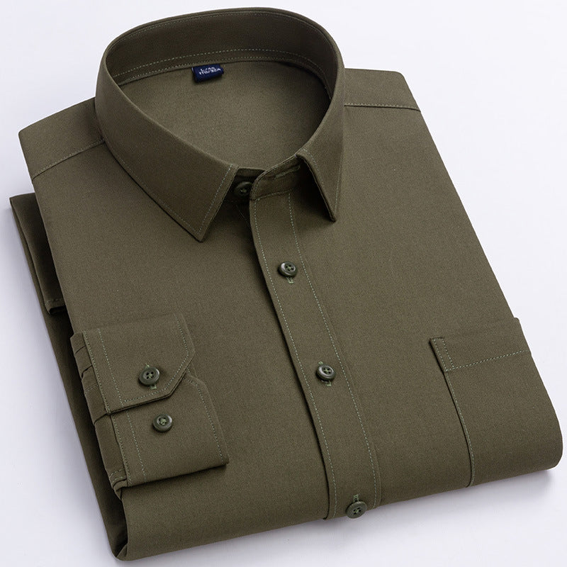 Spring Mens Khaki Cotton Long-sleeve Shirt - Slim Fit