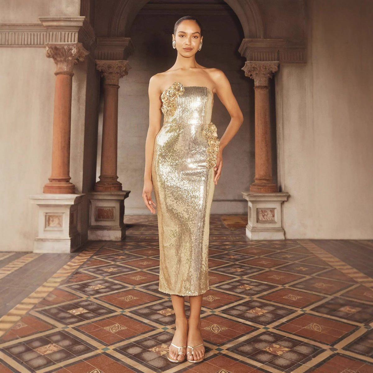 Womens Floral Tube Dress with Golden 3D Design for an Elegant Summer Look - Neon North Clothing